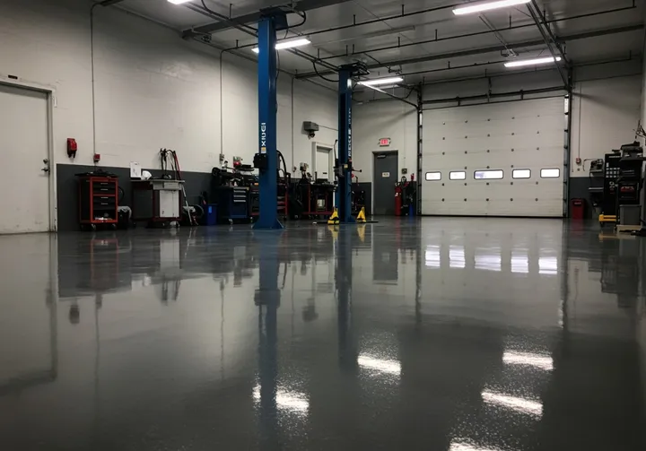 Auto repair bay with chemical-resistant epoxy floor coating